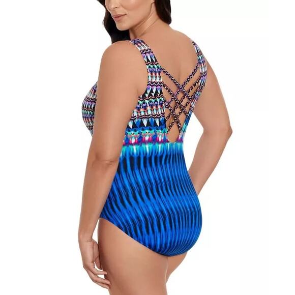 Swim Solutions Striped One Piece Swimsuit Strappy Back Size 10 Blue Slimming New - Picture 1 of 6